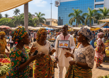 Cuatro personas vestidas con vibrantes trajes tradicionales charlan en un mercado al aire libre con productos frescos. Un hombre sostiene un cartel con banderas y texto. Al fondo se ven palmeras y un moderno edificio de cristal.