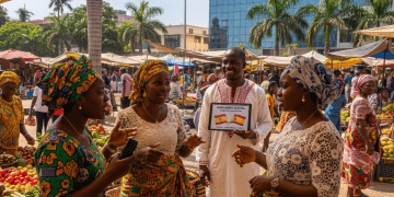 Cuatro personas vestidas con vibrantes trajes tradicionales charlan en un mercado al aire libre con productos frescos. Un hombre sostiene un cartel con banderas y texto. Al fondo se ven palmeras y un moderno edificio de cristal.