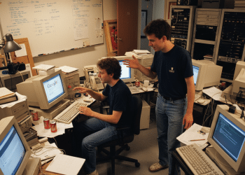 Dos jóvenes trabajan en una oficina desordenada llena de viejos monitores de ordenador, papeles y latas de refresco. Uno teclea en un escritorio que muestra una página de búsqueda de Google, mientras el otro permanece de pie a su lado, gesticulando animadamente.