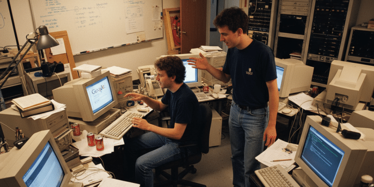 Dos jóvenes trabajan en una oficina desordenada llena de viejos monitores de ordenador, papeles y latas de refresco. Uno teclea en un escritorio que muestra una página de búsqueda de Google, mientras el otro permanece de pie a su lado, gesticulando animadamente.