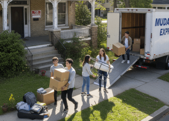 Cinco jóvenes trasladan cajas y muebles de un camión rotulado "Mudanzas Express" a una casa con un cartel de Se Alquila, subiendo las pertenencias por la pasarela y la rampa en un día soleado.