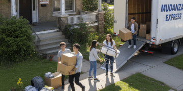 Cinco jóvenes trasladan cajas y muebles de un camión rotulado "Mudanzas Express" a una casa con un cartel de Se Alquila, subiendo las pertenencias por la pasarela y la rampa en un día soleado.