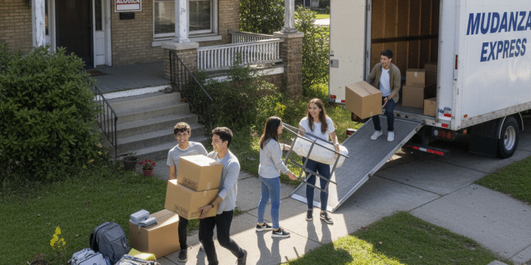 Cinco jóvenes trasladan cajas y muebles de un camión rotulado "Mudanzas Express" a una casa con un cartel de Se Alquila, subiendo las pertenencias por la pasarela y la rampa en un día soleado.