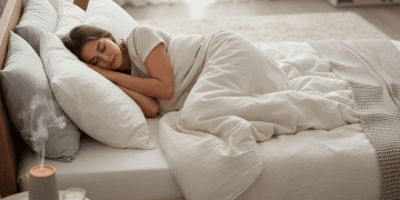 Una mujer duerme plácidamente en una cama pulcramente hecha con sábanas blancas en un dormitorio suavemente iluminado. En la mesilla de noche hay una vela y un difusor de aceites esenciales que emite vapor.