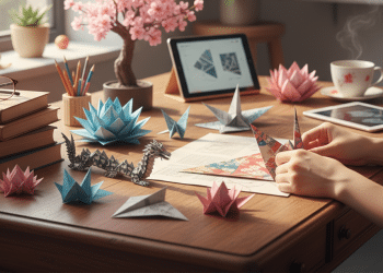 Una persona dobla papel de origami en un escritorio de madera decorado con figuras de origami terminadas, libros, una tableta con instrucciones de origami, una taza de café y una maceta rosa cerca de una ventana.