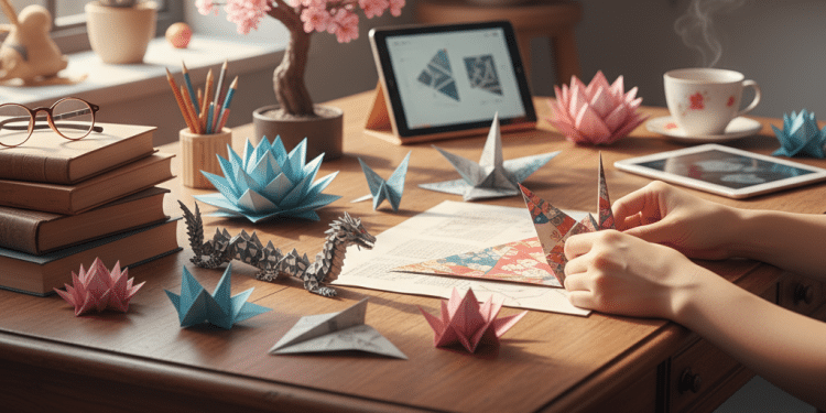 Una persona dobla papel de origami en un escritorio de madera decorado con figuras de origami terminadas, libros, una tableta con instrucciones de origami, una taza de café y una maceta rosa cerca de una ventana.