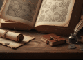 Un viejo libro con mapas está abierto sobre un escritorio de madera junto a un pergamino enrollado, pequeños cuadernos de cuero, monedas, una pluma en un tintero y una vasija de barro, evocando un estudio histórico o de exploradores.