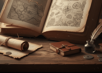 Un viejo libro con mapas está abierto sobre un escritorio de madera junto a un pergamino enrollado, pequeños cuadernos de cuero, monedas, una pluma en un tintero y una vasija de barro, evocando un estudio histórico o de exploradores.