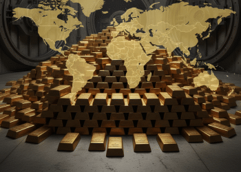 En una cámara acorazada se apilan montones de lingotes de oro, sobre los que se superpone un mapamundi transparente que sugiere riqueza mundial o finanzas internacionales.