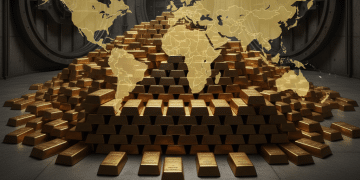 En una cámara acorazada se apilan montones de lingotes de oro, sobre los que se superpone un mapamundi transparente que sugiere riqueza mundial o finanzas internacionales.