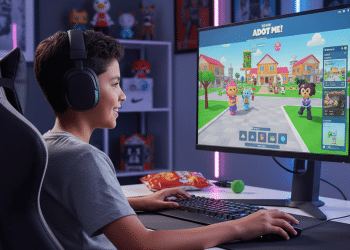 Un niño sonriente con auriculares está sentado en un escritorio, jugando al colorido juego Adopt Me! en un gran monitor. Sobre el escritorio, en una acogedora habitación decorada, hay aperitivos, un teclado y un ratón.