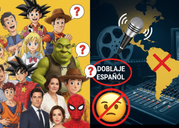 Izquierda: personajes de dibujos animados y de imagen real con signos de interrogación. Derecha: Micrófono, carrete de película y mapa de América Latina con una X roja, DOBLAJE ESPAÑOL tachado y un emoji triste, símbolo de que no habrá doblaje al español.