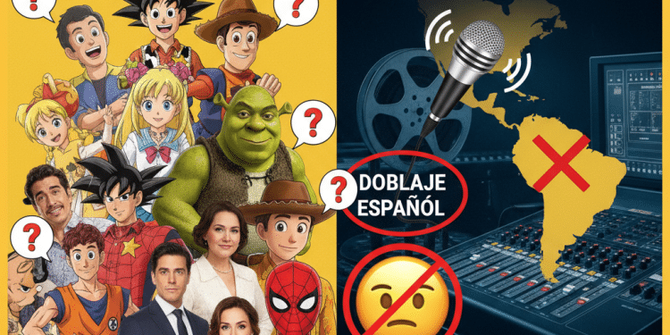 Izquierda: personajes de dibujos animados y de imagen real con signos de interrogación. Derecha: Micrófono, carrete de película y mapa de América Latina con una X roja, DOBLAJE ESPAÑOL tachado y un emoji triste, símbolo de que no habrá doblaje al español.