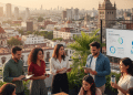 Un grupo de jóvenes profesionales colabora en una azotea con vistas a la ciudad. Discuten cerca de una pantalla que muestra una presentación empresarial con el logotipo "Starps". Al fondo se ven exuberantes plantas y edificios históricos.