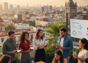 Un grupo de jóvenes profesionales colabora en una azotea con vistas a la ciudad. Discuten cerca de una pantalla que muestra una presentación empresarial con el logotipo "Starps". Al fondo se ven exuberantes plantas y edificios históricos.