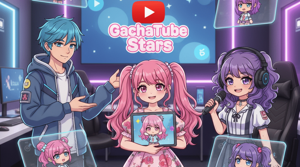 Tres personajes de anime sentados en un estudio iluminado con neón. Un chico de pelo azul hace gestos a una chica de pelo rosa que sostiene una tableta, mientras que una chica de pelo morado sujeta un micrófono. Las pantallas muestran versiones chibi de cada personaje. Detrás de ellos hay un cartel de GachaTube Stars.
