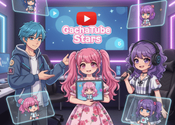 Tres personajes de anime sentados en un estudio iluminado con neón. Un chico de pelo azul hace gestos a una chica de pelo rosa que sostiene una tableta, mientras que una chica de pelo morado sujeta un micrófono. Las pantallas muestran versiones chibi de cada personaje. Detrás de ellos hay un cartel de GachaTube Stars.