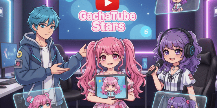Tres personajes de anime sentados en un estudio iluminado con neón. Un chico de pelo azul hace gestos a una chica de pelo rosa que sostiene una tableta, mientras que una chica de pelo morado sujeta un micrófono. Las pantallas muestran versiones chibi de cada personaje. Detrás de ellos hay un cartel de GachaTube Stars.