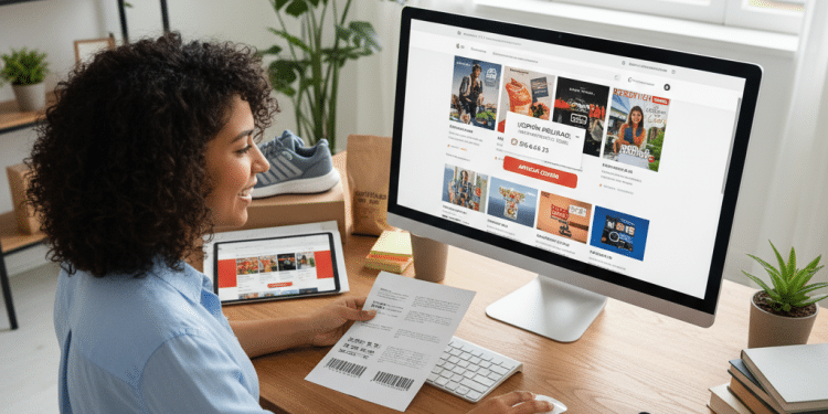 Una mujer se sienta en un escritorio con documentos de viaje impresos, mirando la pantalla de un ordenador que muestra ofertas de paquetes vacacionales. El espacio de trabajo tiene un teclado, un smartphone y artículos de viaje, con plantas y estanterías al fondo.