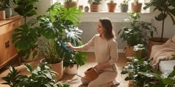 Una mujer arrodillada sobre una alfombra en una luminosa habitación llena de plantas de interior, sonríe mientras limpia una gran hoja de monstera con un paño mientras sostiene una regadera. La luz del sol entra por la ventana y resalta la vegetación.