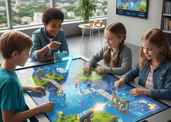 Cuatro niños juegan a un juego de mesa digital interactivo en una gran mesa con pantalla táctil en una habitación luminosa, interactuando con coloridos elementos de juego holográficos y disfrutando juntos de la experiencia colaborativa.
