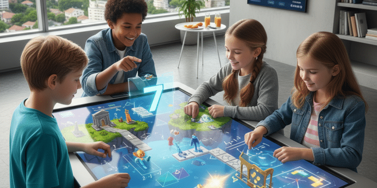Cuatro niños juegan a un juego de mesa digital interactivo en una gran mesa con pantalla táctil en una habitación luminosa, interactuando con coloridos elementos de juego holográficos y disfrutando juntos de la experiencia colaborativa.