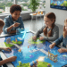 Cuatro niños juegan a un juego de mesa digital interactivo en una gran mesa con pantalla táctil en una habitación luminosa, interactuando con coloridos elementos de juego holográficos y disfrutando juntos de la experiencia colaborativa.
