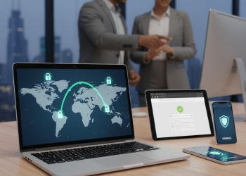Un ordenador portátil, una tableta y un smartphone con iconos de ciberseguridad sobre un escritorio, con dos profesionales desdibujados discutiendo al fondo en una oficina moderna con vistas a la ciudad.