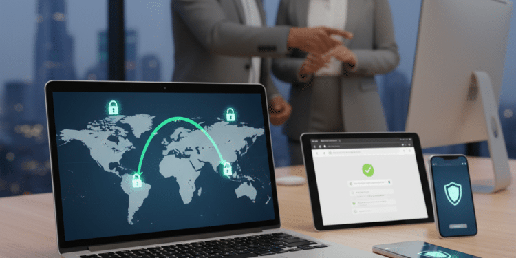 Un ordenador portátil, una tableta y un smartphone con iconos de ciberseguridad sobre un escritorio, con dos profesionales desdibujados discutiendo al fondo en una oficina moderna con vistas a la ciudad.