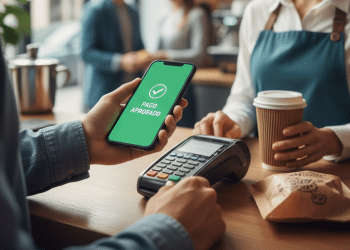 Una persona paga en el mostrador de una cafetería utilizando un smartphone en cuya pantalla aparece Pago aprobado. Un camarero sostiene una taza de café, y en el mostrador hay un terminal de pago junto a una bolsa de papel.