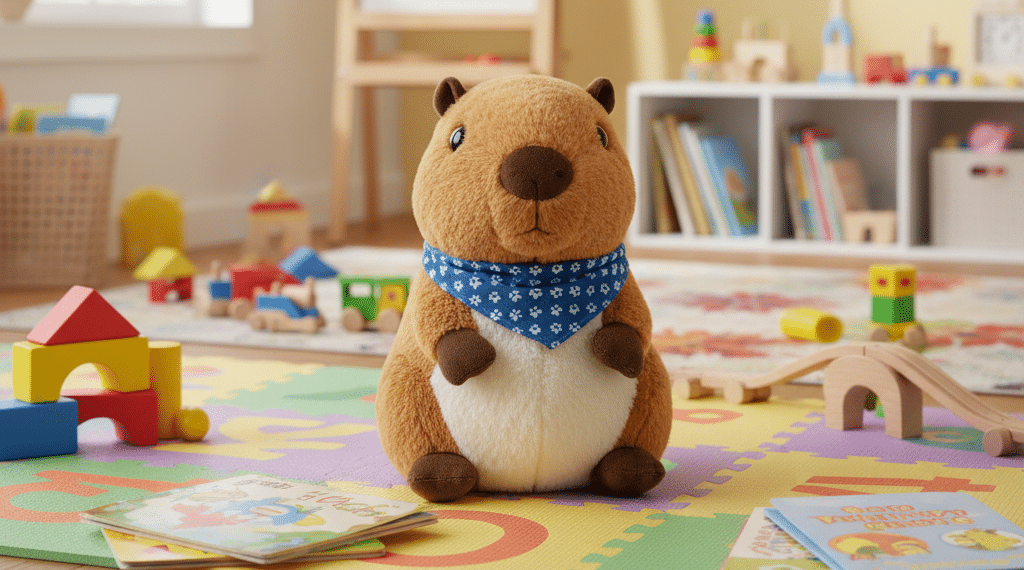 Un capibara de peluche con un pañuelo azul está sentado sobre una alfombra de espuma de colores en una habitación de juegos luminosa y ordenada, con libros, bloques de madera y estanterías de juguetes al fondo.