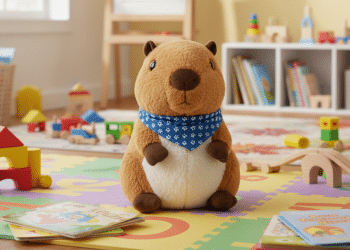 Un capibara de peluche con un pañuelo azul está sentado sobre una alfombra de espuma de colores en una habitación de juegos luminosa y ordenada, con libros, bloques de madera y estanterías de juguetes al fondo.