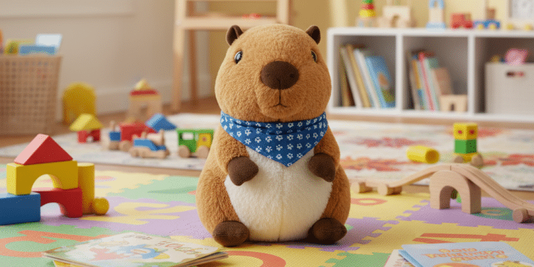 Un capibara de peluche con un pañuelo azul está sentado sobre una alfombra de espuma de colores en una habitación de juegos luminosa y ordenada, con libros, bloques de madera y estanterías de juguetes al fondo.