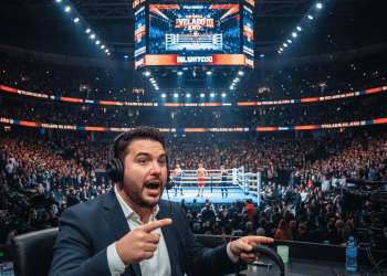 Un comentarista con auriculares gesticula excitado mientras informa sobre un combate de boxeo en un estadio abarrotado, con una gran pantalla iluminada sobre el ring que muestra los detalles del evento y una multitud que anima a su alrededor.