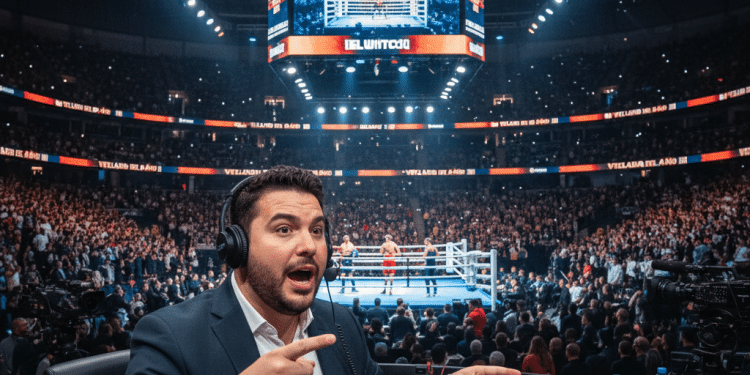 Un comentarista con auriculares gesticula excitado mientras informa sobre un combate de boxeo en un estadio abarrotado, con una gran pantalla iluminada sobre el ring que muestra los detalles del evento y una multitud que anima a su alrededor.