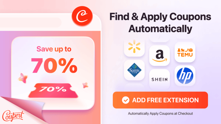 Graphic promoting automatic coupon finding with a large '70%' discount and 'Add Free Extension' button to the right.
