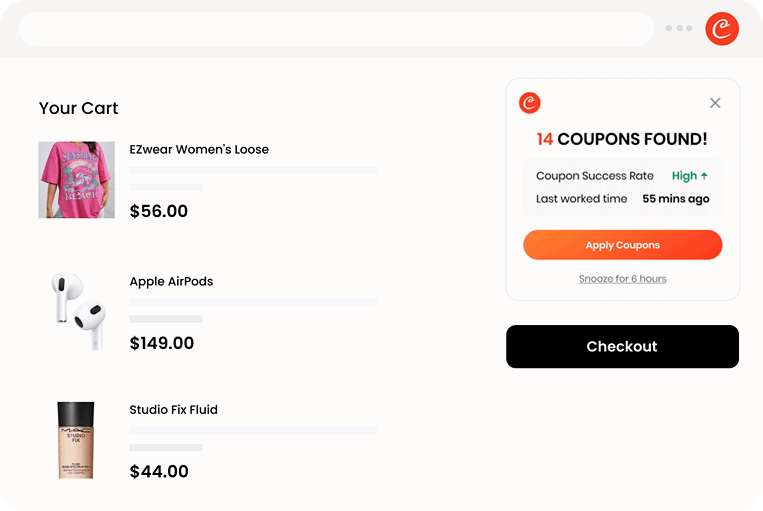 Cart page showing three items: EZwear Women’s Loose shirt, Apple AirPods, Studio Fix Fluid, with prices and thumbnails; right panel shows coupon box and a'Checkout' button.