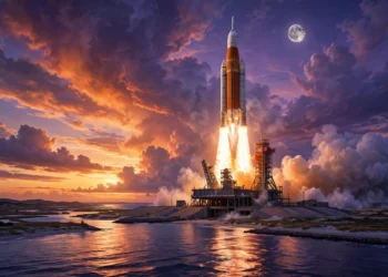 Cohete SLS de Artemis II despegando hacia la Luna al atardecer