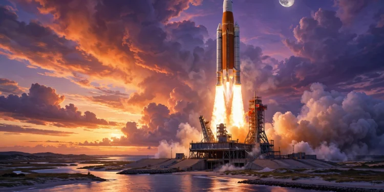 Cohete SLS de Artemis II despegando hacia la Luna al atardecer