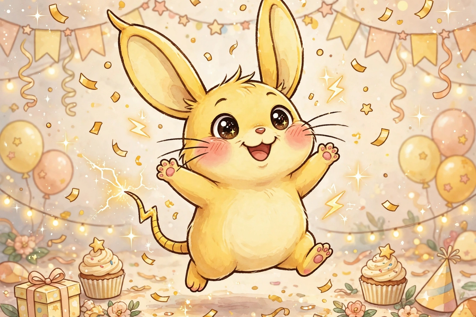 Pikachu entre confeti dorado celebrando 30 años de Pokémon