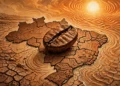 Grano de café gigante sobre mapa de Brasil con sequía
