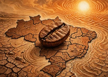 Grano de café gigante sobre mapa de Brasil con sequía