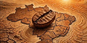 Grano de café gigante sobre mapa de Brasil con sequía