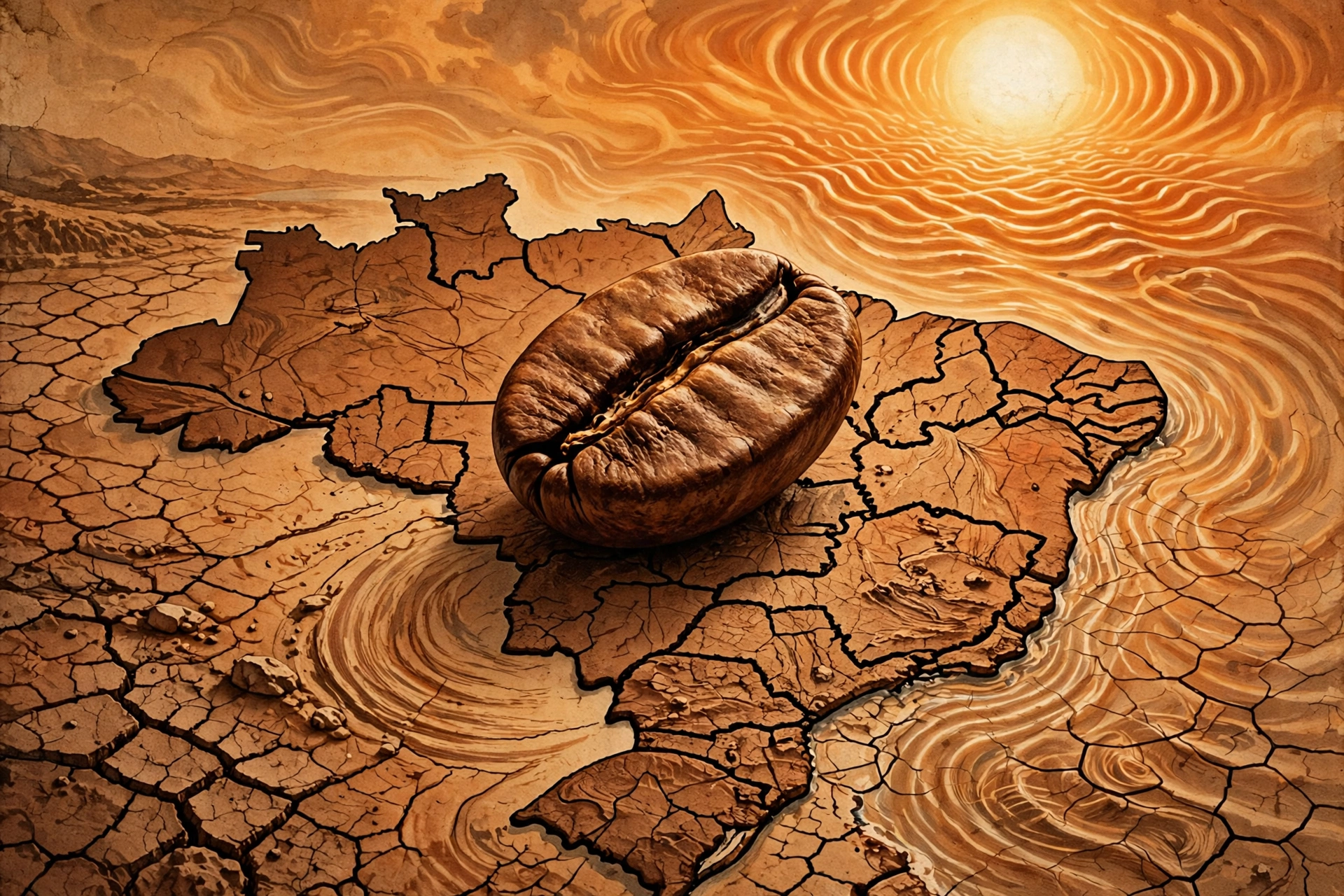 Grano de café gigante sobre mapa de Brasil con sequía