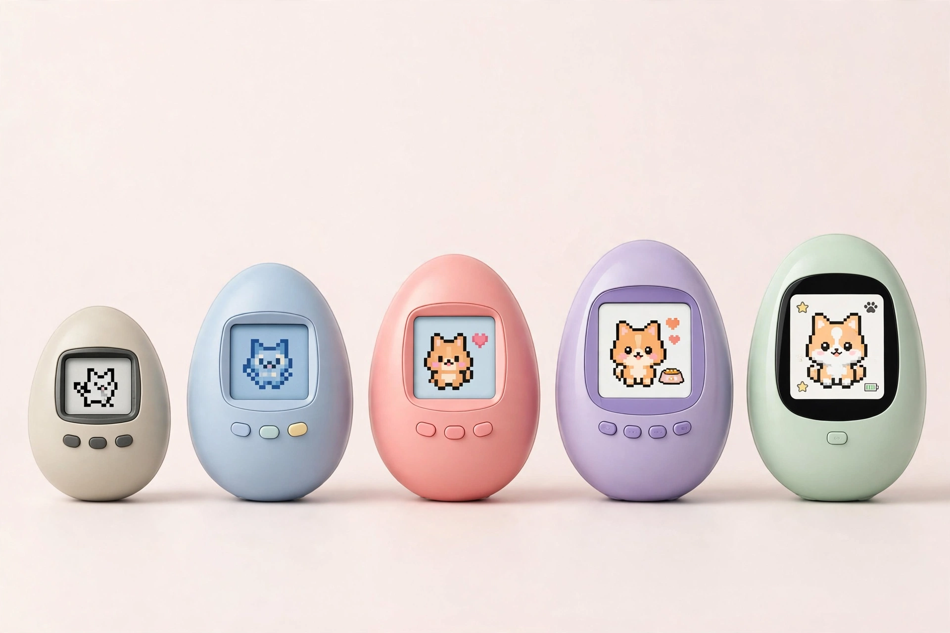 Evolución de dispositivos Tamagotchi en fila cronológica