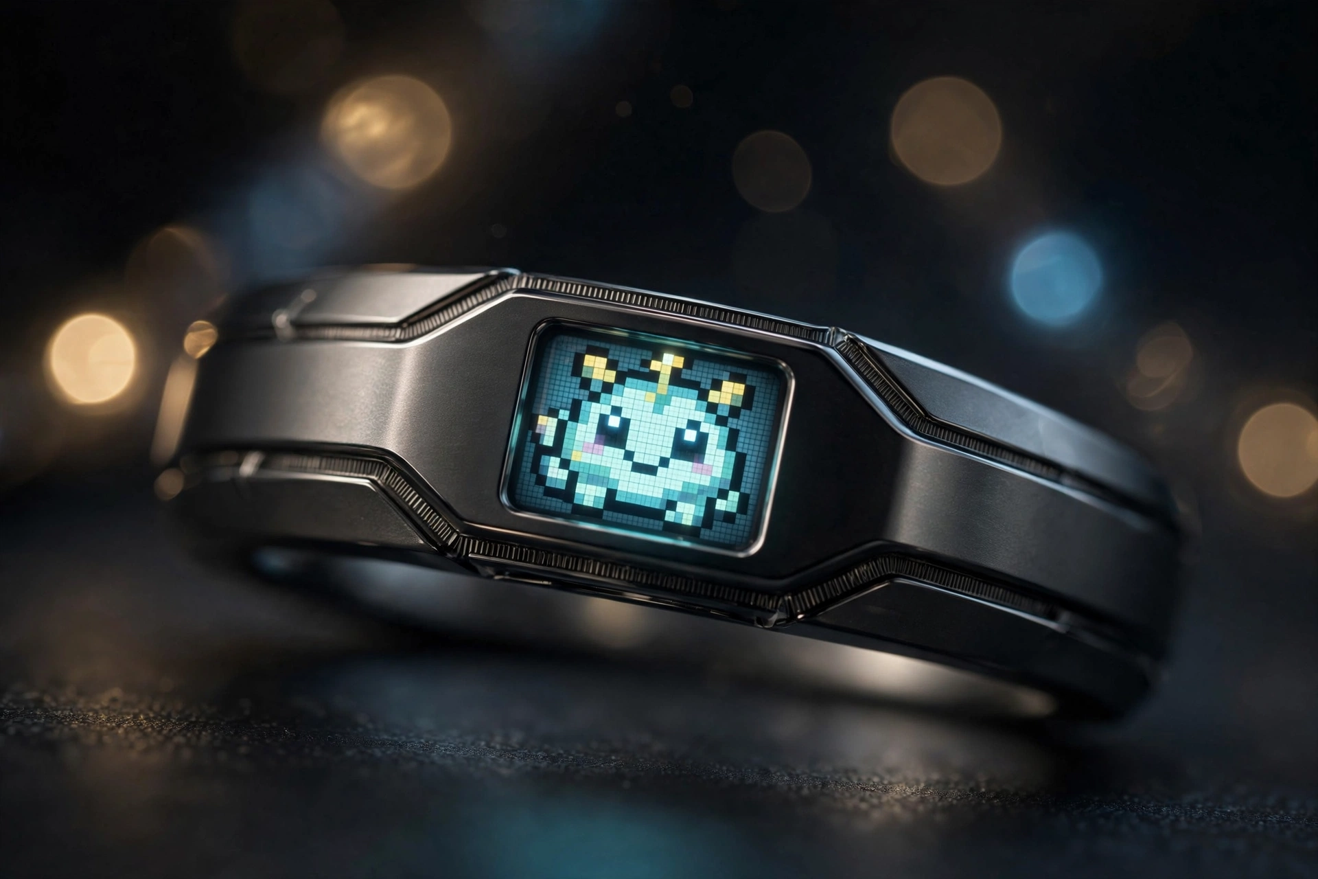Anillo futurista Tamagotchi Ring con pantalla pixelada