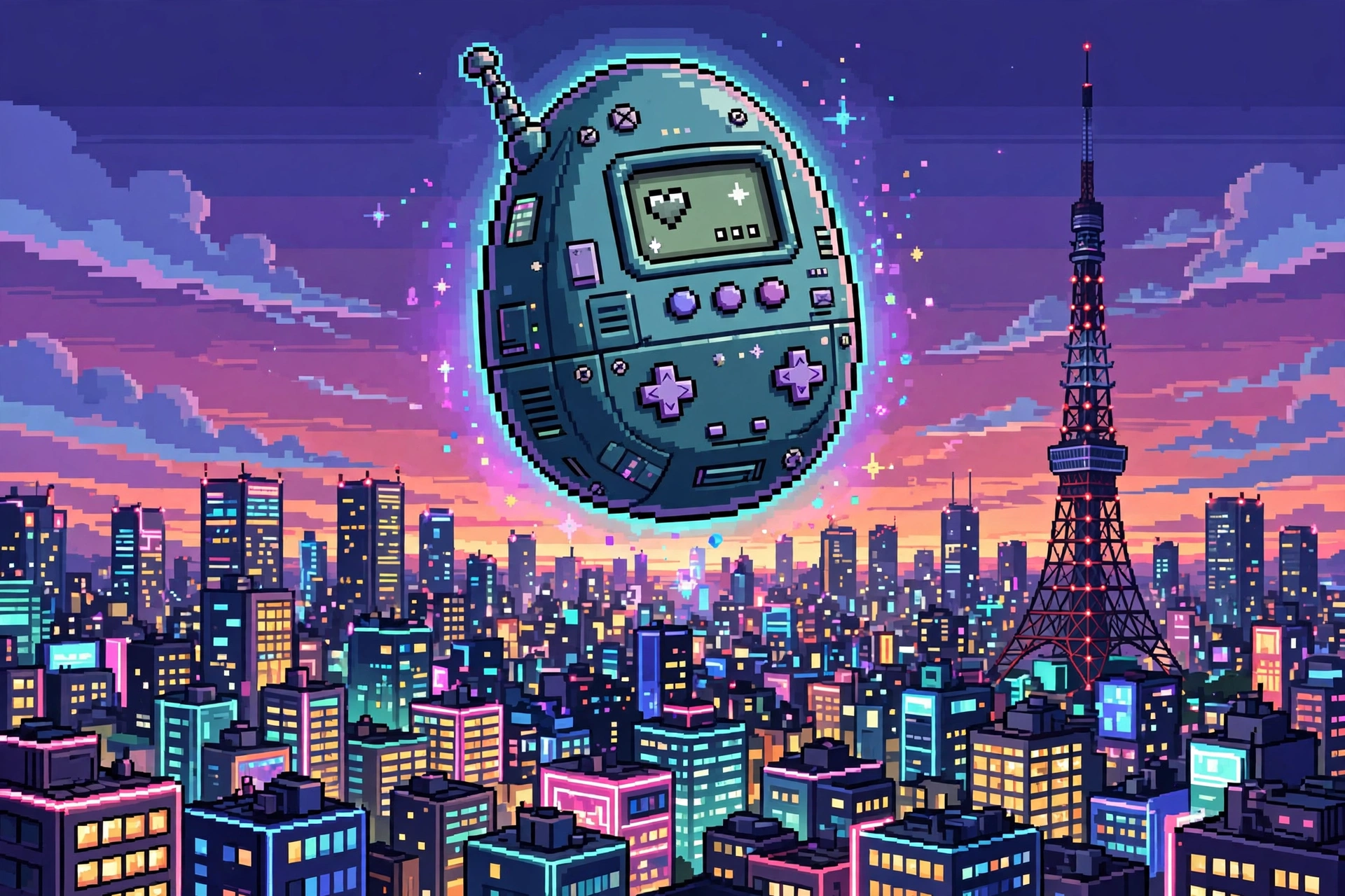 Huevo pixelado gigante de Tamagotchi sobre Tokio