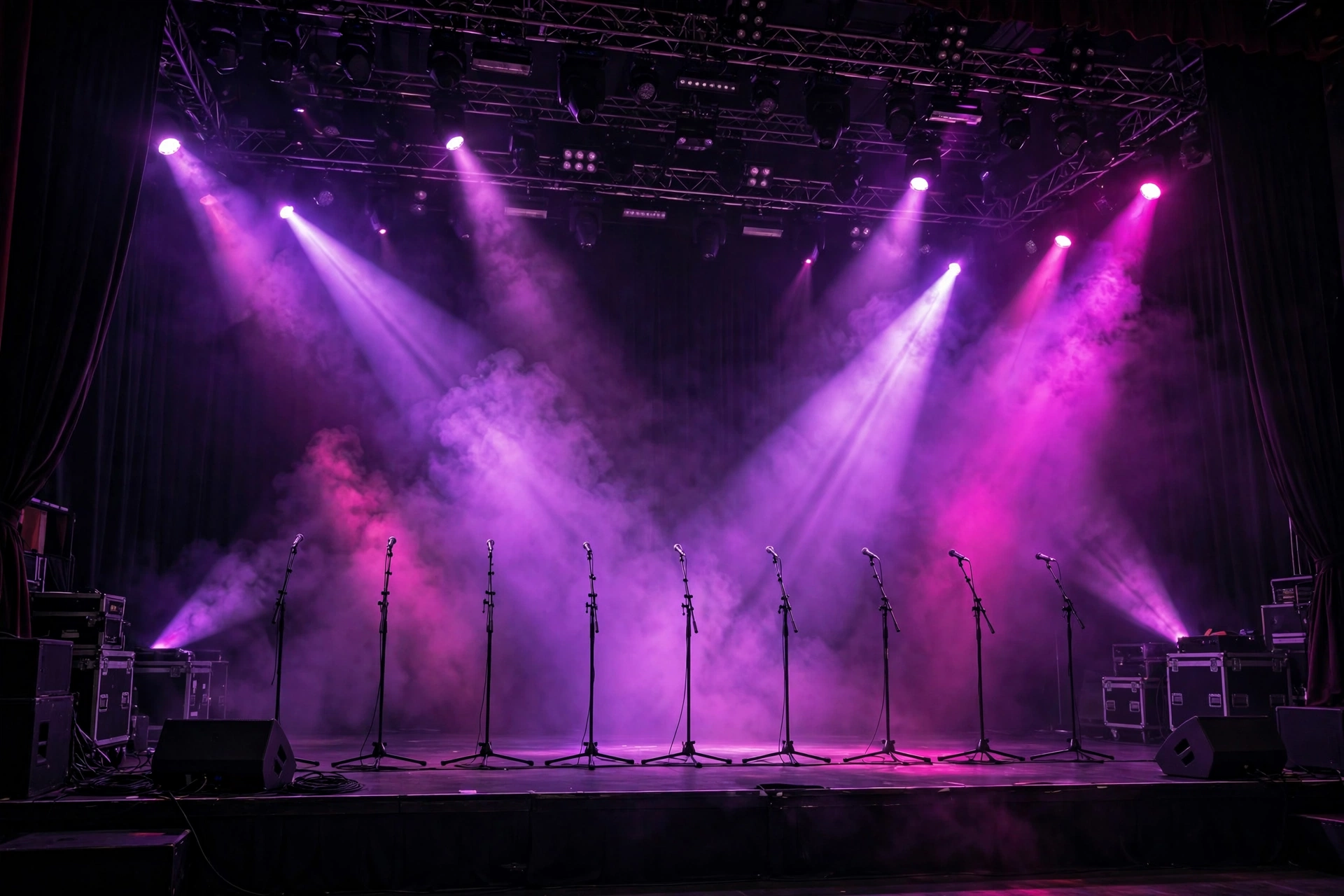 Escenario con micrófonos y luces moradas antes del concierto