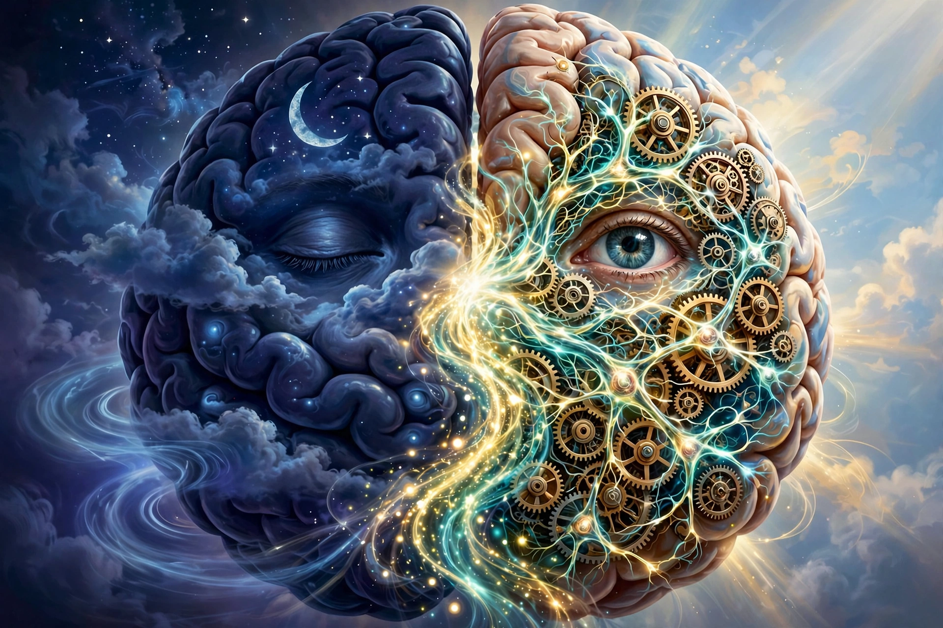 Ilustración de un cerebro dividido entre el sueño y la vigilia que representa los sueños lúcidos