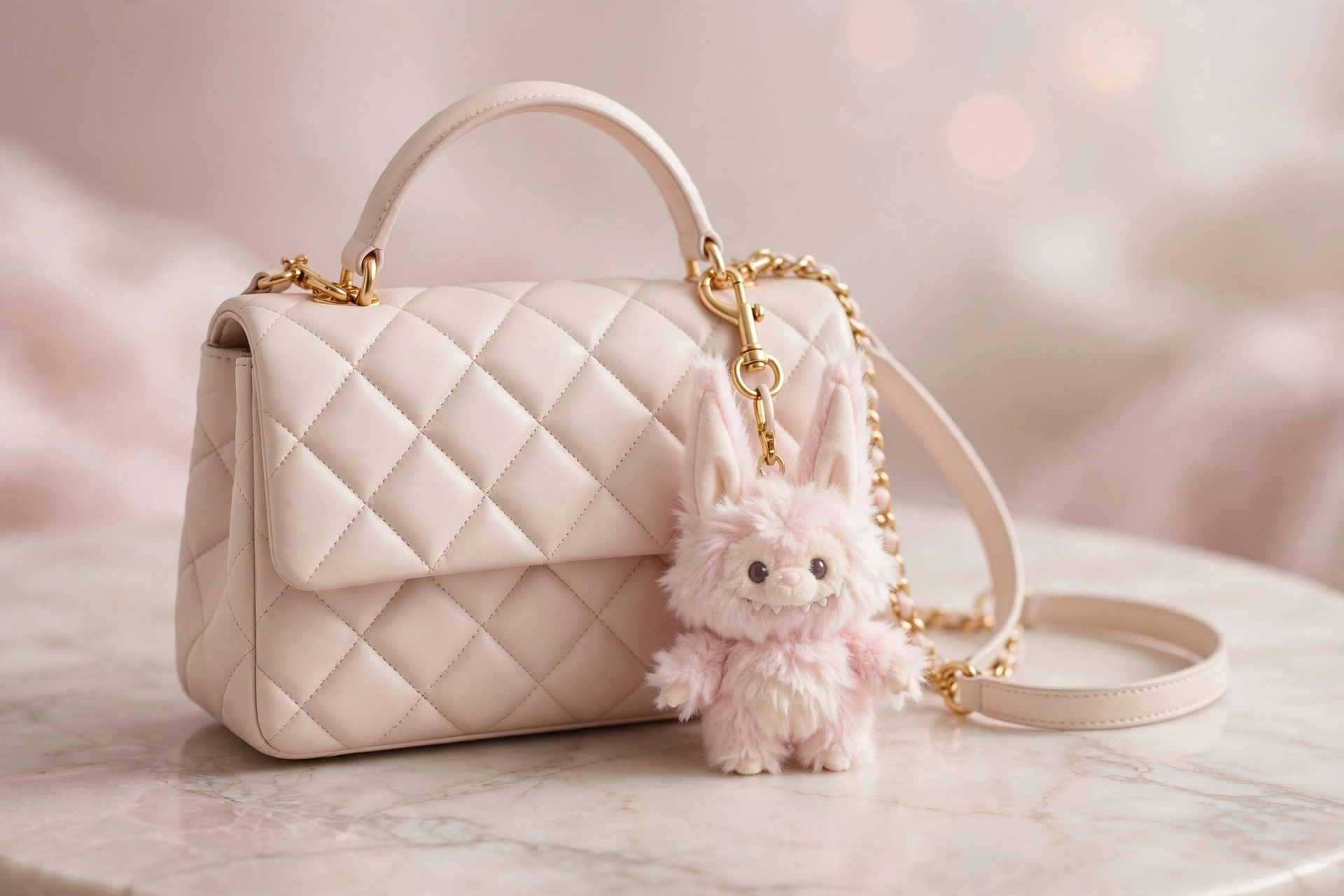 Peluche de monstruo con orejas puntiagudas colgando de un bolso de lujo